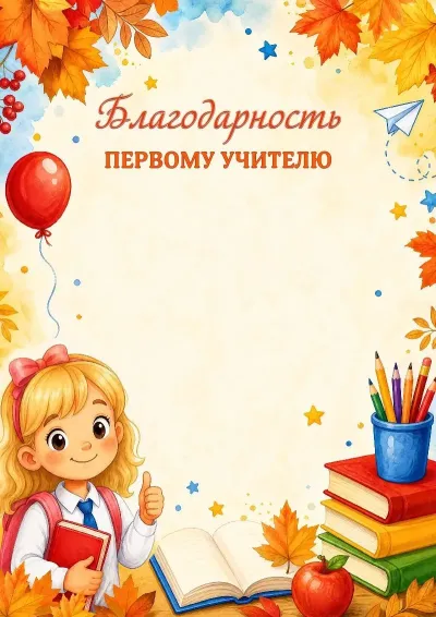 Шаблон школьной благодарности первому учителю «Вперед к знаниям!»