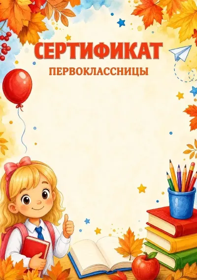 Шаблон школьного сертификата первоклассницы «Вперед к знаниям!»