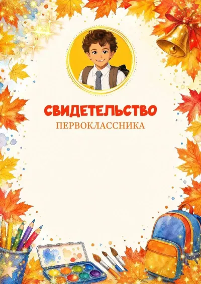 Шаблон свидетельства первоклассника «Школьные вершины» с фотографией в мультяшном исполнении